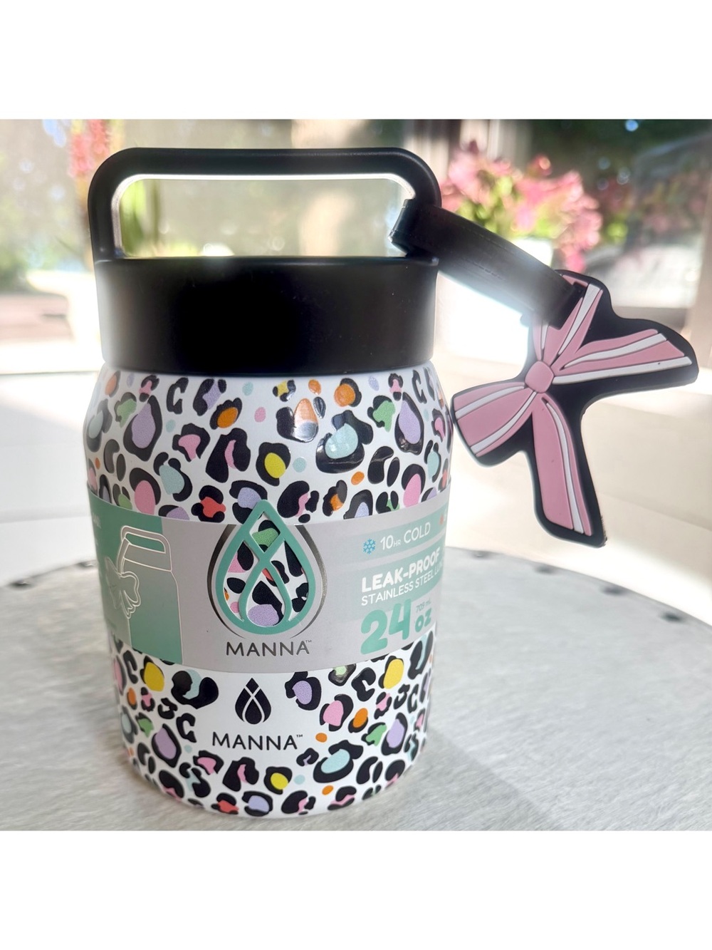Manna Stainless Steel Food Jar 24oz Pastel Cheetah Handle Bow Charm Kidcore NWT